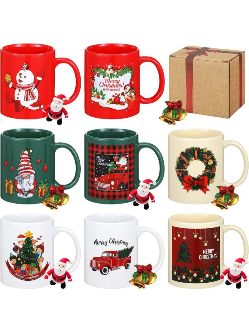 Set of 8 Christmas Ceramic Coffee Mugs - 12 oz Holiday Drinkware, Festive Decor